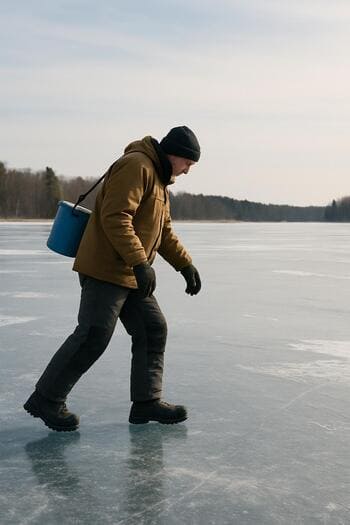 Angler taking slow, measured steps across a calm winter lake.
