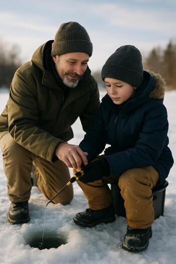 Adult angler and younger angler walking together on the ice.