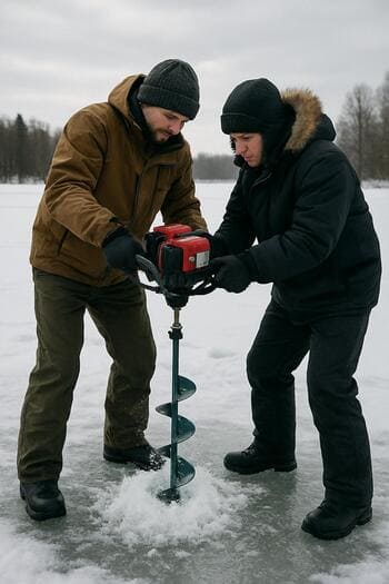 Two anglers taking turns drilling small holes on a frozen lake.