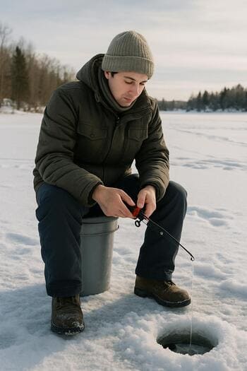 Angler sitting on the ice holding a light winter rod over a drilled hole.