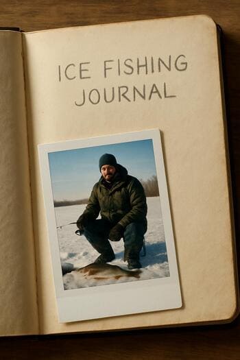 Small winter photo tucked inside the front cover of a journal.