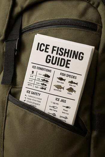 Backpack pocket with a folded winter fishing map and a small notebook.