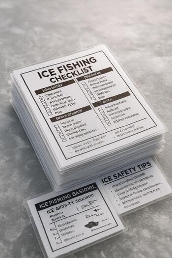Stack of printed winter fishing checklists clipped together.