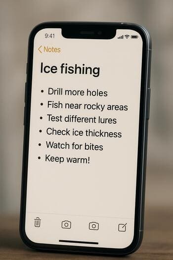 Phone notes app showing short winter fishing prompts.