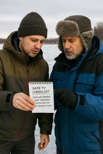 Angler and partner checking a small printed checklist together.