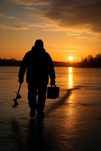 Two people walking back to shore along a soft evening path on the ice.