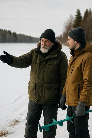 Two people talking on a snowy shore before stepping onto the ice.