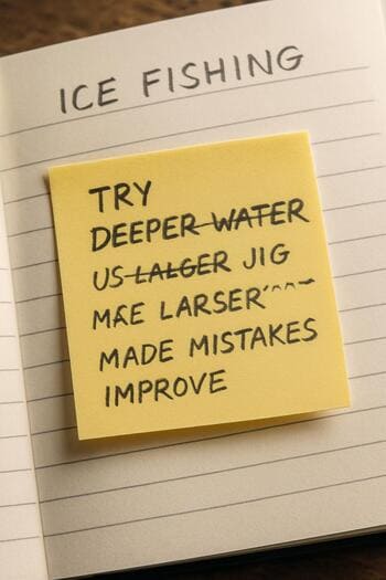 Small correction note added to a winter fishing journal page.