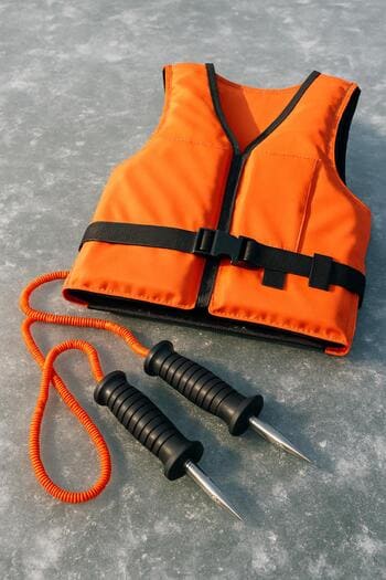 Ice picks and a floatation vest prepared on the ice near a backpack.