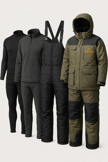 Layered winter clothing laid out on a bed before packing for the trip.