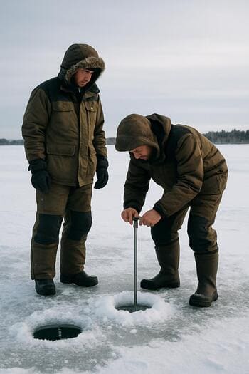 Two anglers standing apart on the ice, checking distance between them.