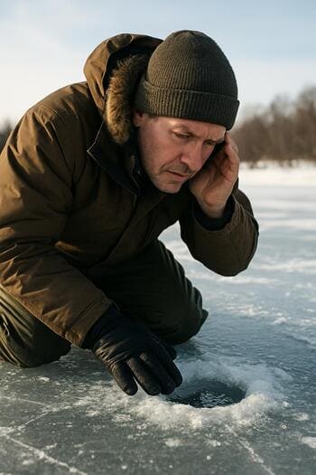 Angler kneeling with an ear close to the ice, listening to subtle sounds.