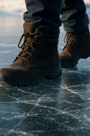 Boot steps crossing a frozen lake in a gentle curved line.