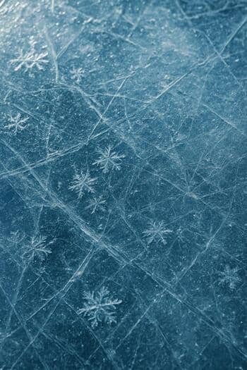 Close view of textured winter ice with thin snow lines and soft blue light.