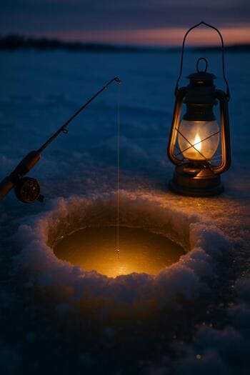 Lantern glowing next to a small ice hole during blue winter dusk.