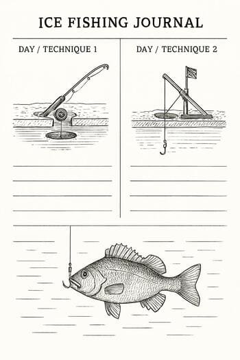 Two-column winter journal page filled by two anglers together.