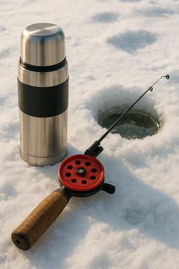 Close snapshot of a thermos and a short winter rod resting on the snow.