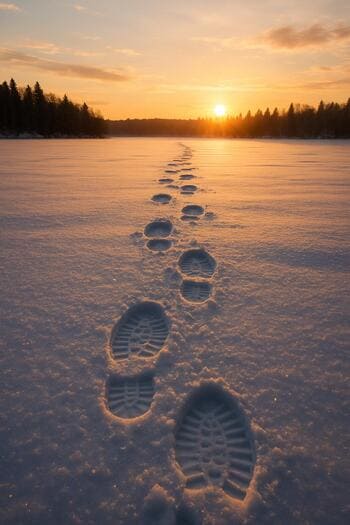 Photo of boot tracks leading back toward shore in the winter sunset.