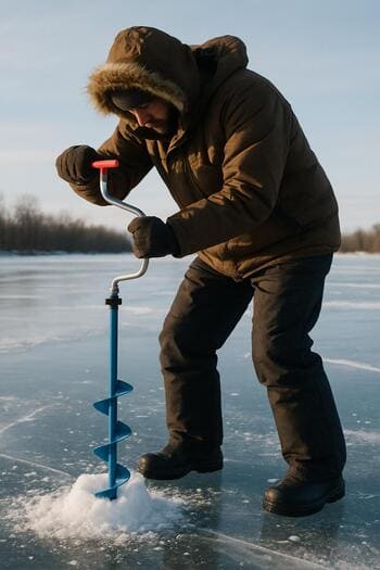 Close view of an auger starting a small safe hole on clear ice.