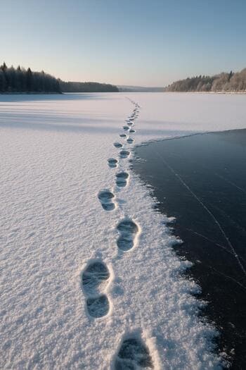 Angler walking on pale early-season ice along a clearly marked path.