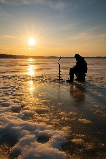 Soft late-winter sun over a frozen lake with distant anglers packing up.