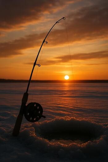 Winter rod resting on the ice during a soft orange sunset at the end of the day.