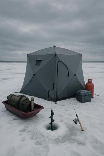 Small winter fishing tent with lantern set up on packed snow.
