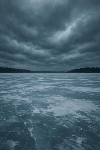 Cloudy winter lake with distant anglers and soft grey light.
