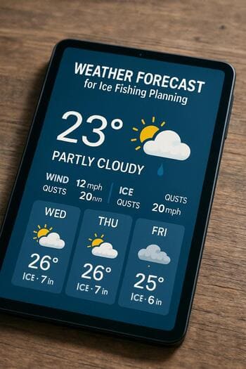 Phone screen showing a simple winter weather forecast with calm days marked.