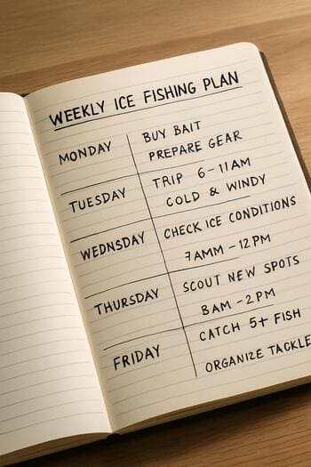Notebook page with a simple winter fishing week plan written in pencil.